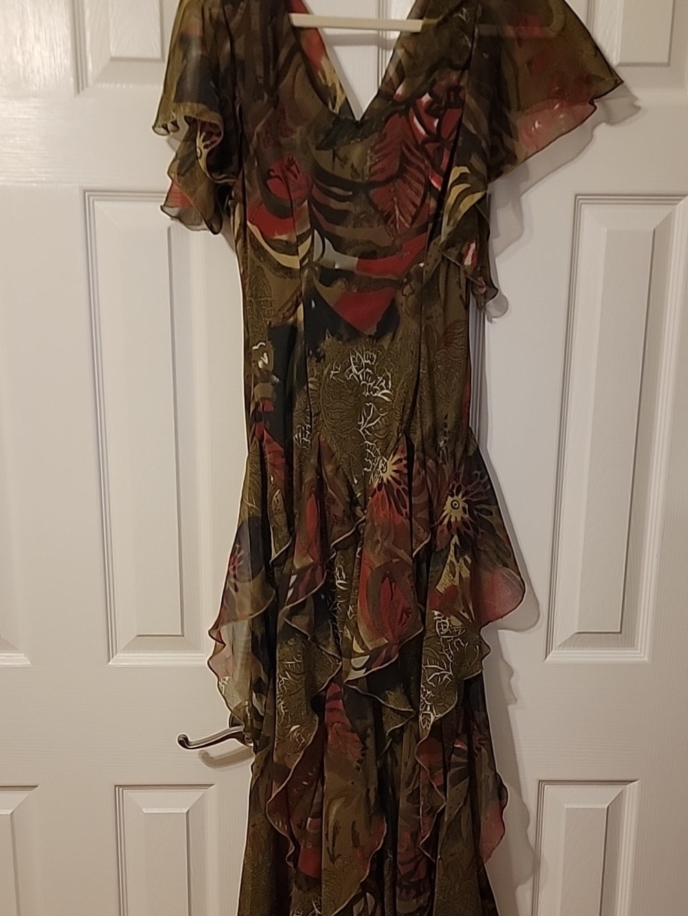 new directions Olive and Rust Floral Ruffle Maxi Dress